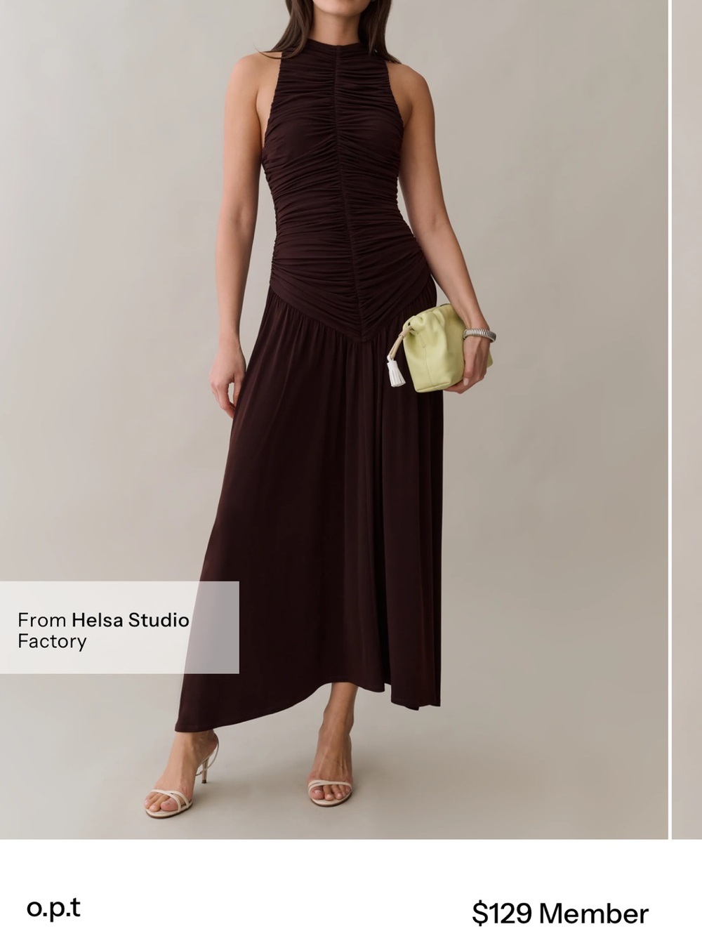 OP Sleeveless Ruched High-Neck Maxi Dress in Dark Brown